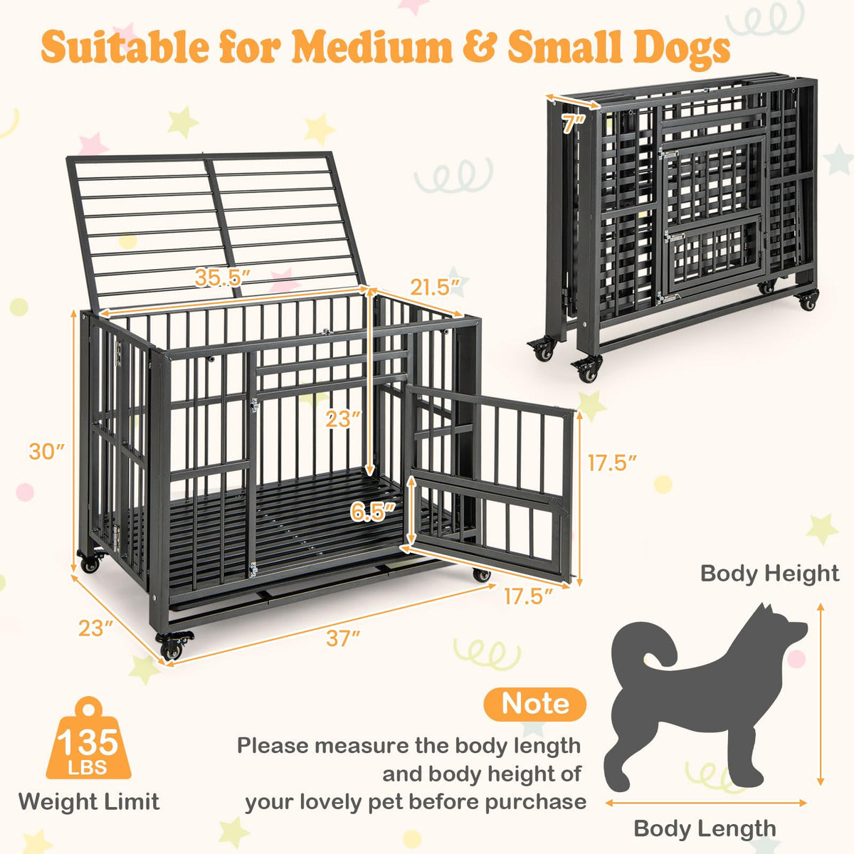 Heavy Duty Foldable Metal Dog Crate 37 Inch with 3 Doors and Pull-Out Tray