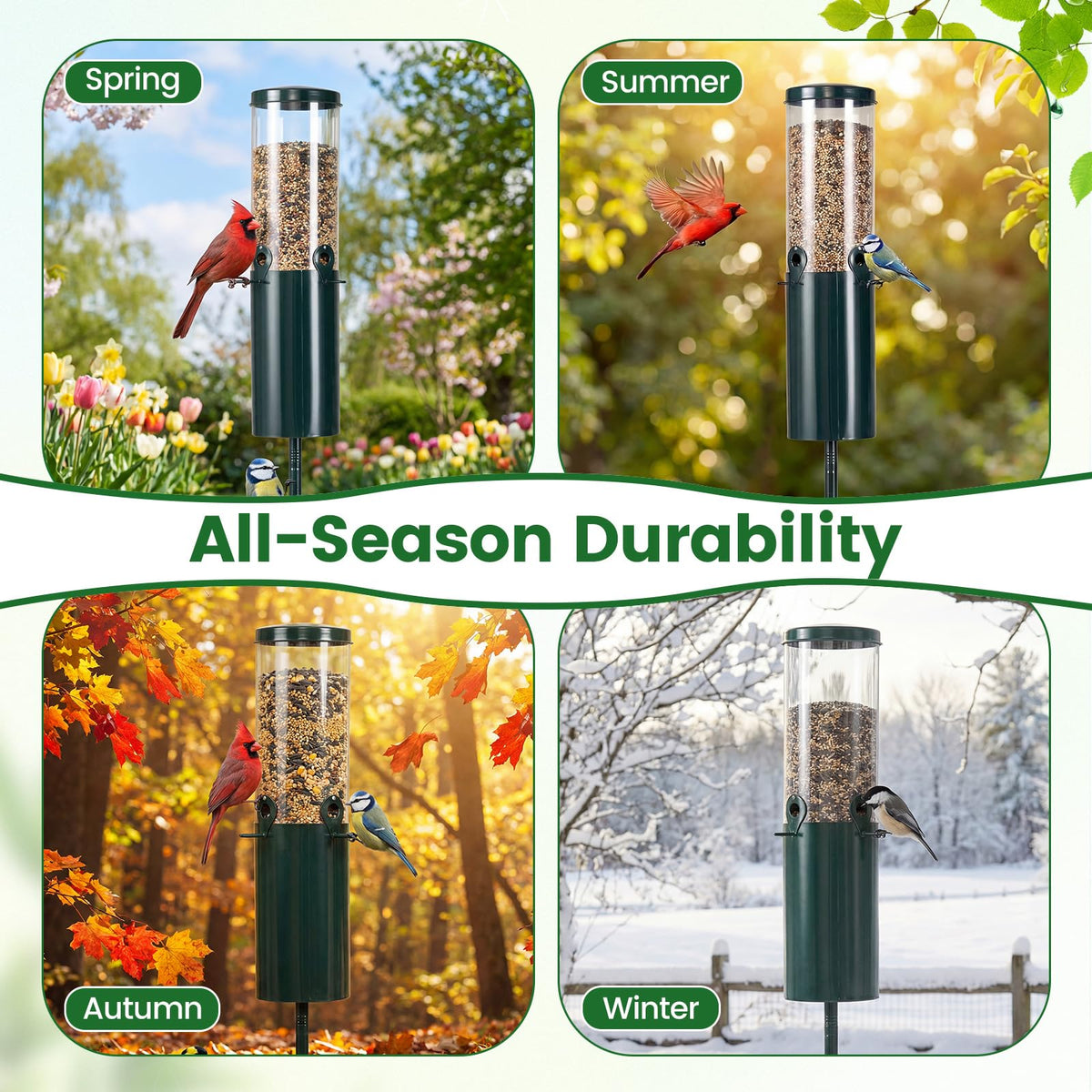 Squirrel-Proof Pole Mount Bird Feeder 10 lb Capacity with Baffle and 4 Perches