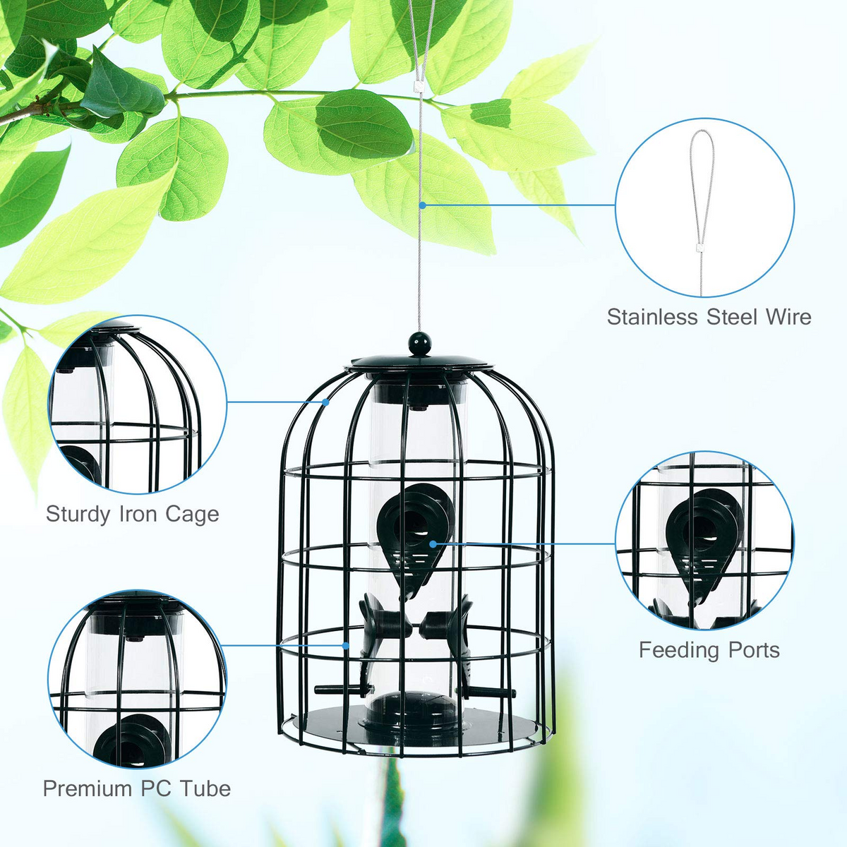 Squirrel-Proof Metal Hanging Bird Feeder with 4 Feeding Ports and Clear PC Tube