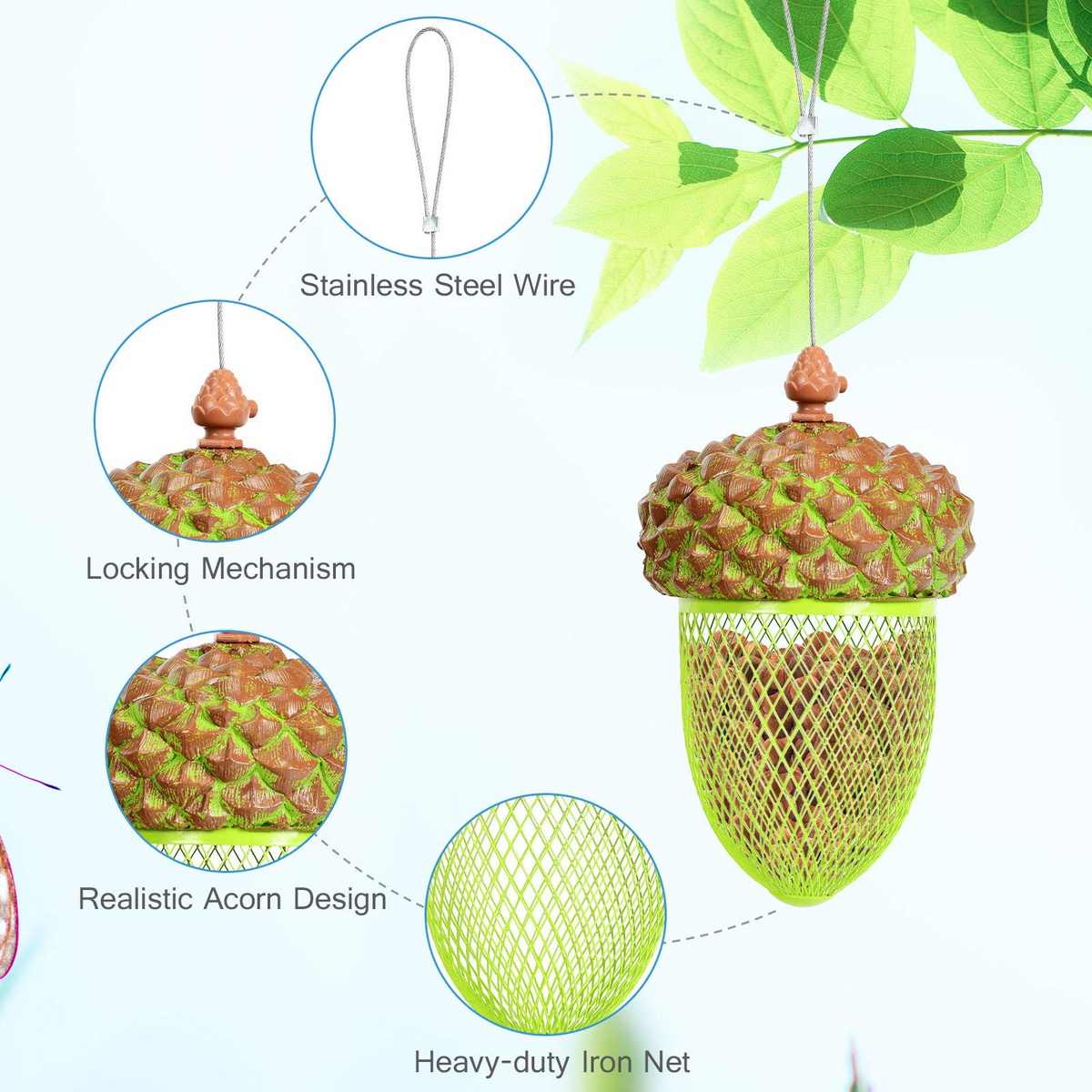 Acorn Metal Hanging Bird Feeder with Iron Mesh and Stainless Steel Wire