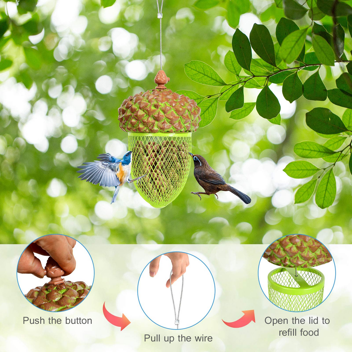 Acorn Metal Hanging Bird Feeder with Iron Mesh and Stainless Steel Wire