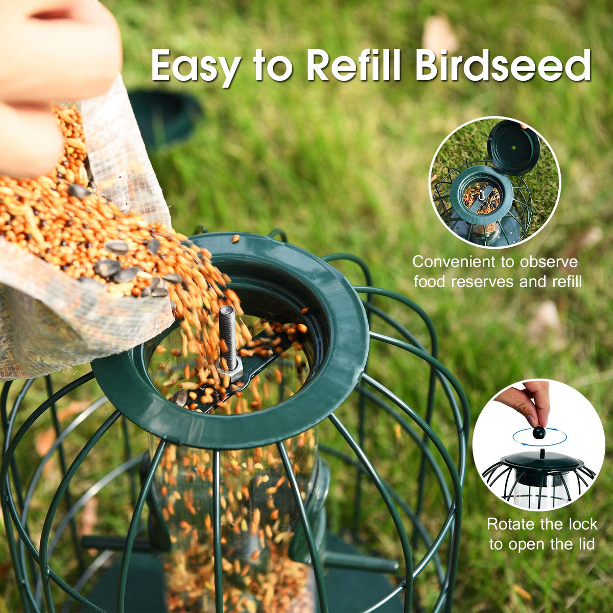 Squirrel-Proof Metal Hanging Bird Feeder with 4 Feeding Ports and Clear PC Tube