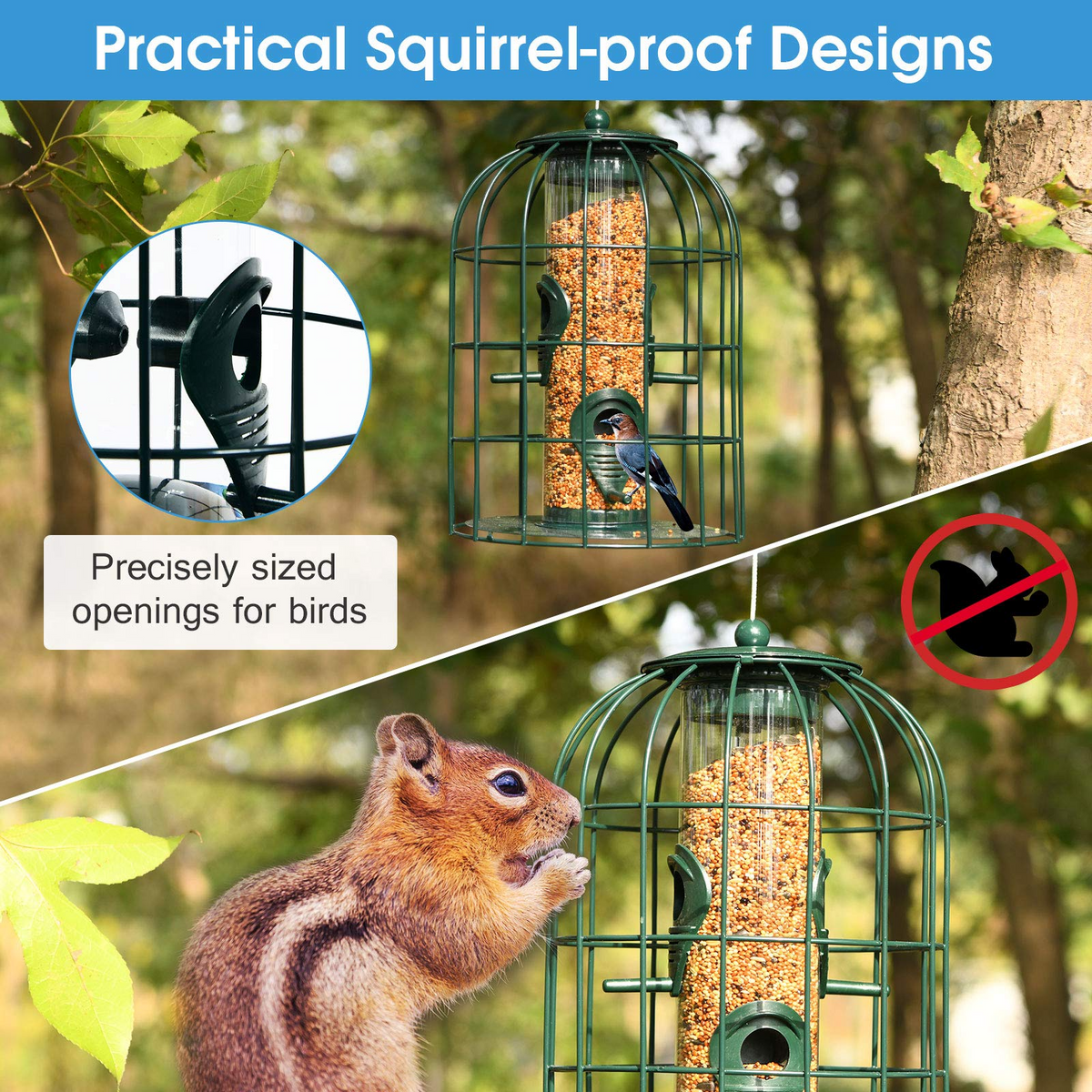 Squirrel-Proof Metal Hanging Bird Feeder with 4 Feeding Ports and Clear PC Tube