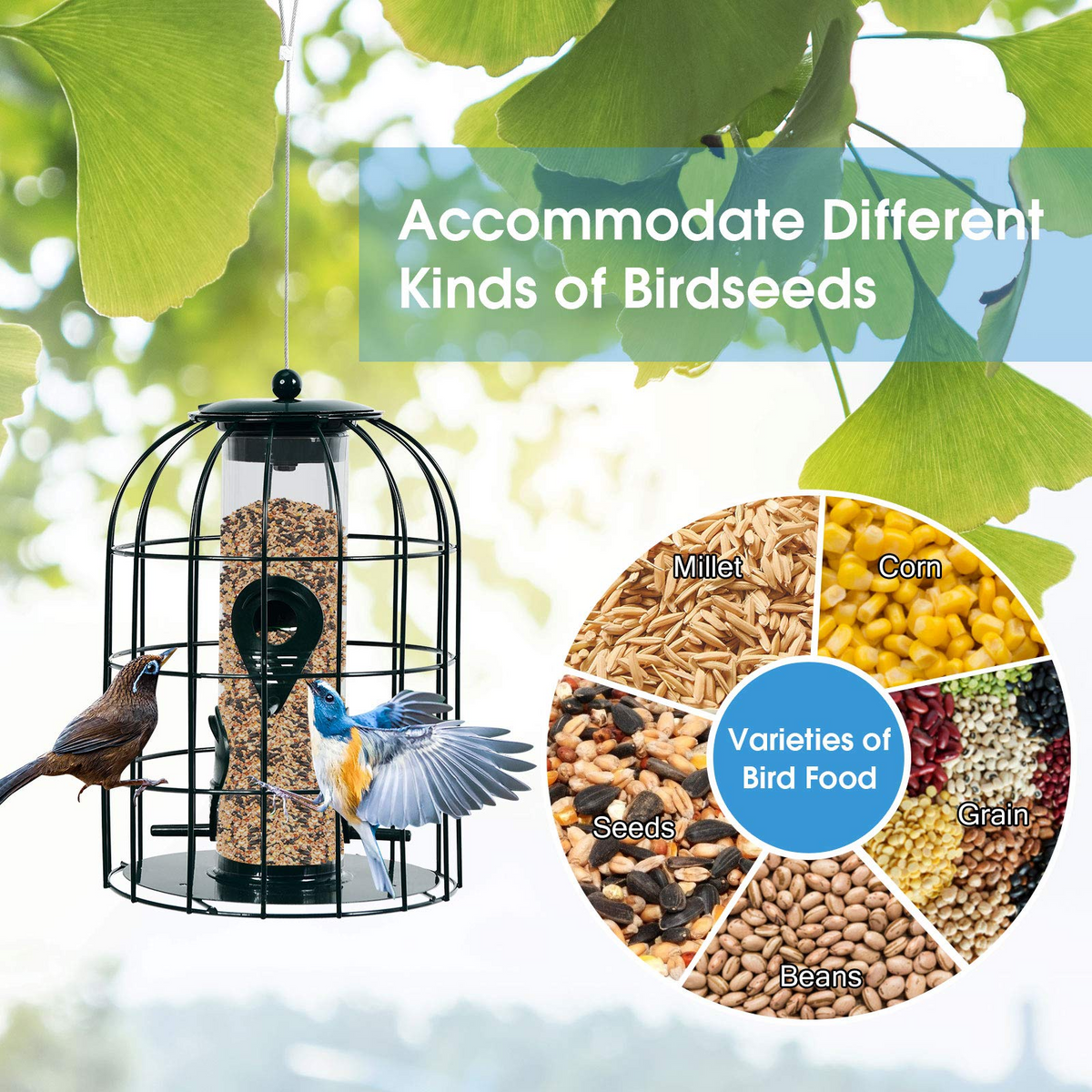 Squirrel-Proof Metal Hanging Bird Feeder with 4 Feeding Ports and Clear PC Tube