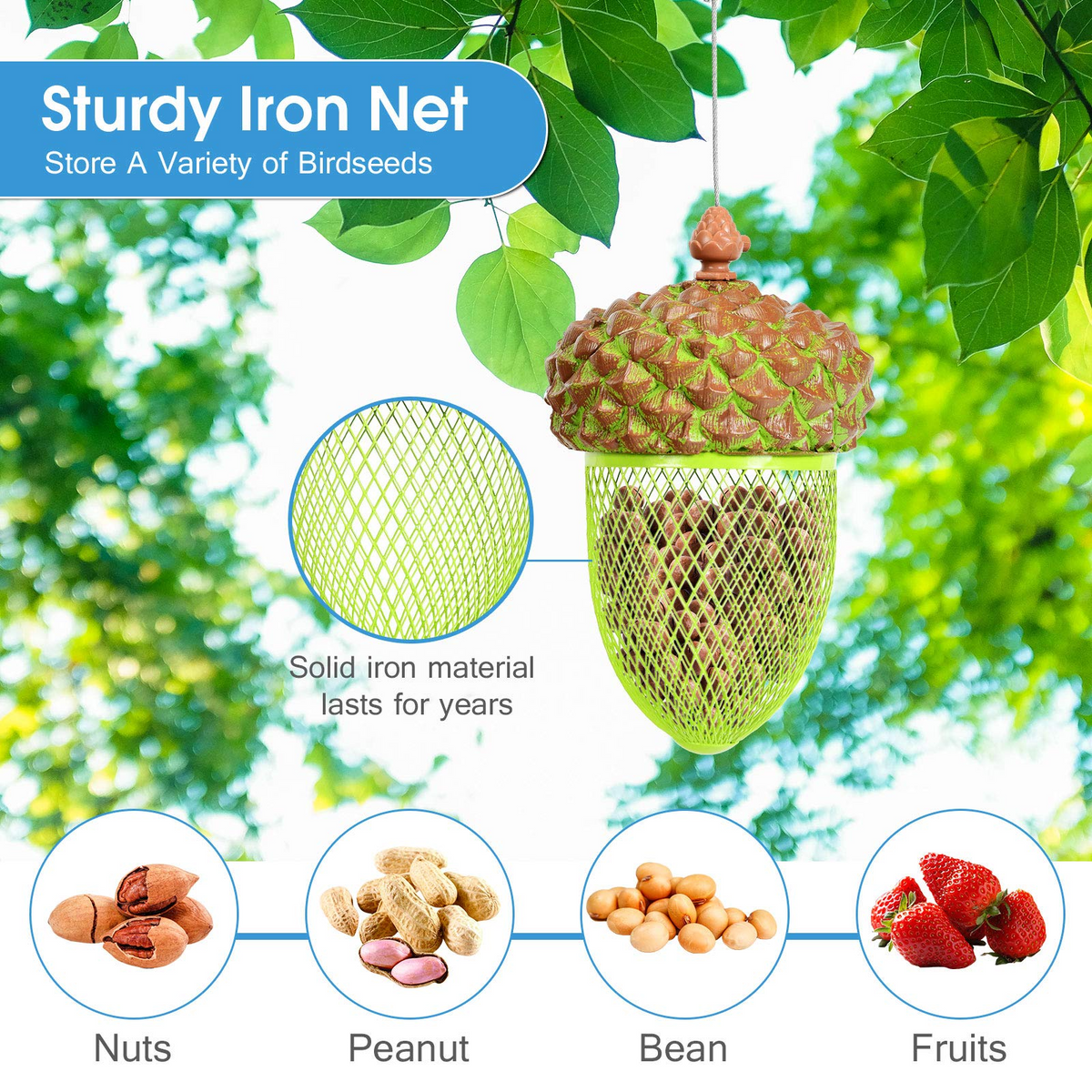 Acorn Metal Hanging Bird Feeder with Iron Mesh and Stainless Steel Wire