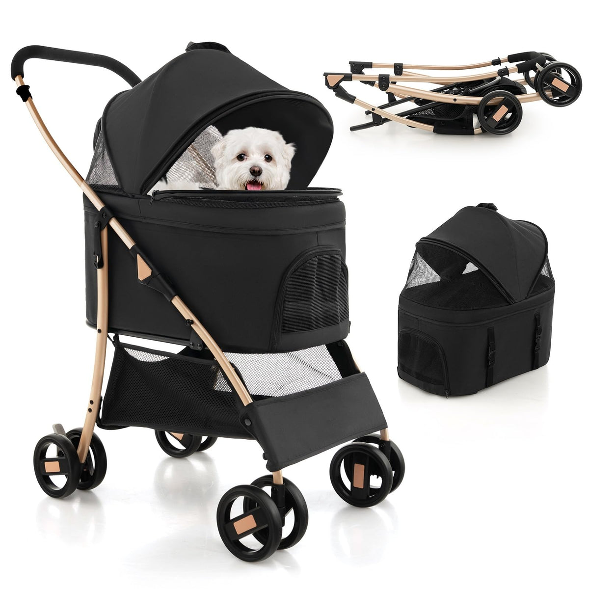 3-in-1 Folding Pet Stroller with Detachable Carrier and Car Seat, Black and Gold