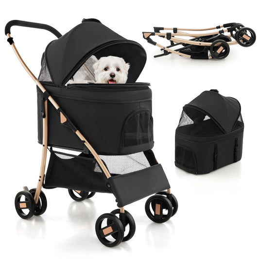 3-in-1 Folding Pet Stroller with Detachable Carrier and Car Seat, Black and Gold