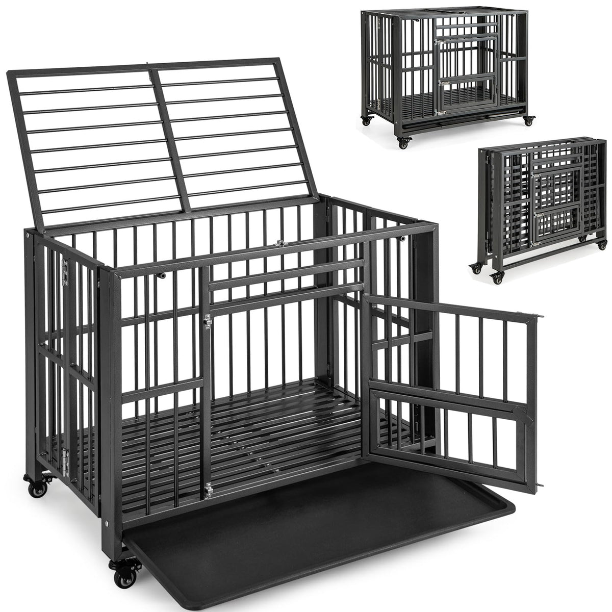 Heavy Duty Foldable Metal Dog Crate 37 Inch with 3 Doors and Pull-Out Tray