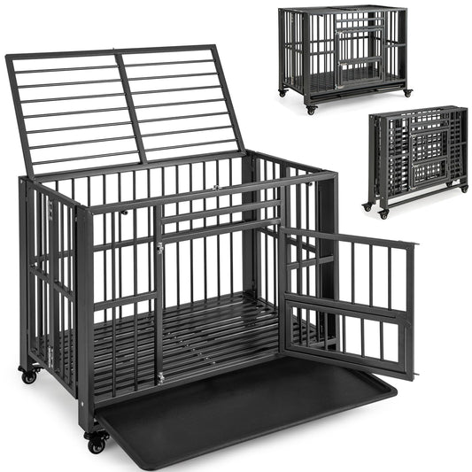 Heavy Duty Foldable Metal Dog Crate 37 Inch with 3 Doors and Pull-Out Tray