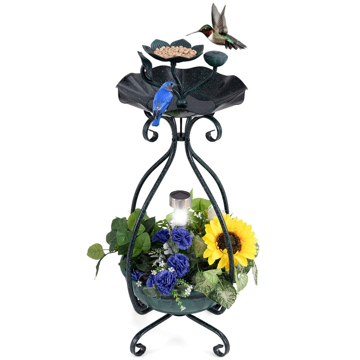 Solar Lighted Bird Bath with Planter and Bird Feeder Tray 31 Inch