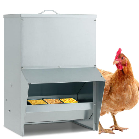 Galvanized Steel Chicken Feeder 30 lb Capacity with Lid and Rain Awning