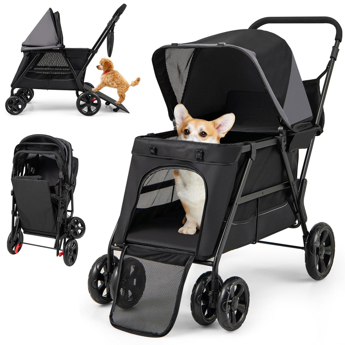 Low-Entry Dog Stroller with Ramp Access and Lockable All-Terrain Wheels