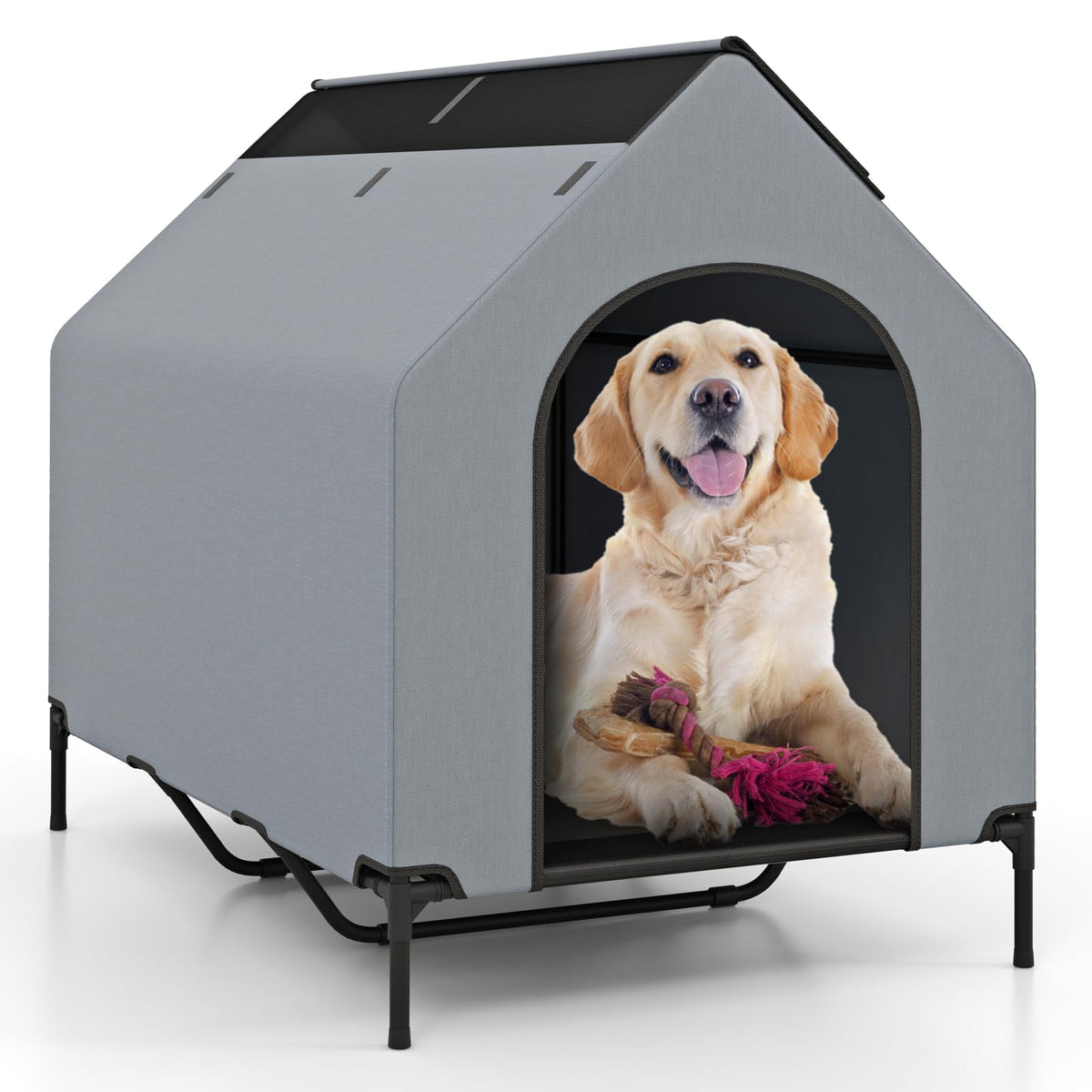 Outdoor Dog House with Weatherproof Canopy and Elevated Pet Bed
