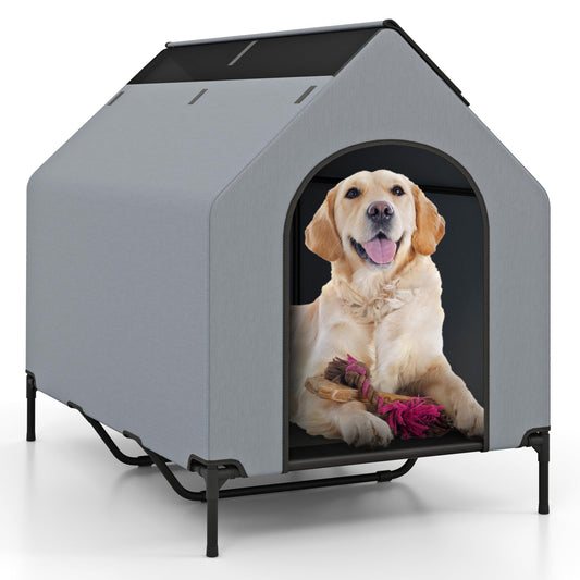 Outdoor Dog House with Weatherproof Canopy and Elevated Pet Bed