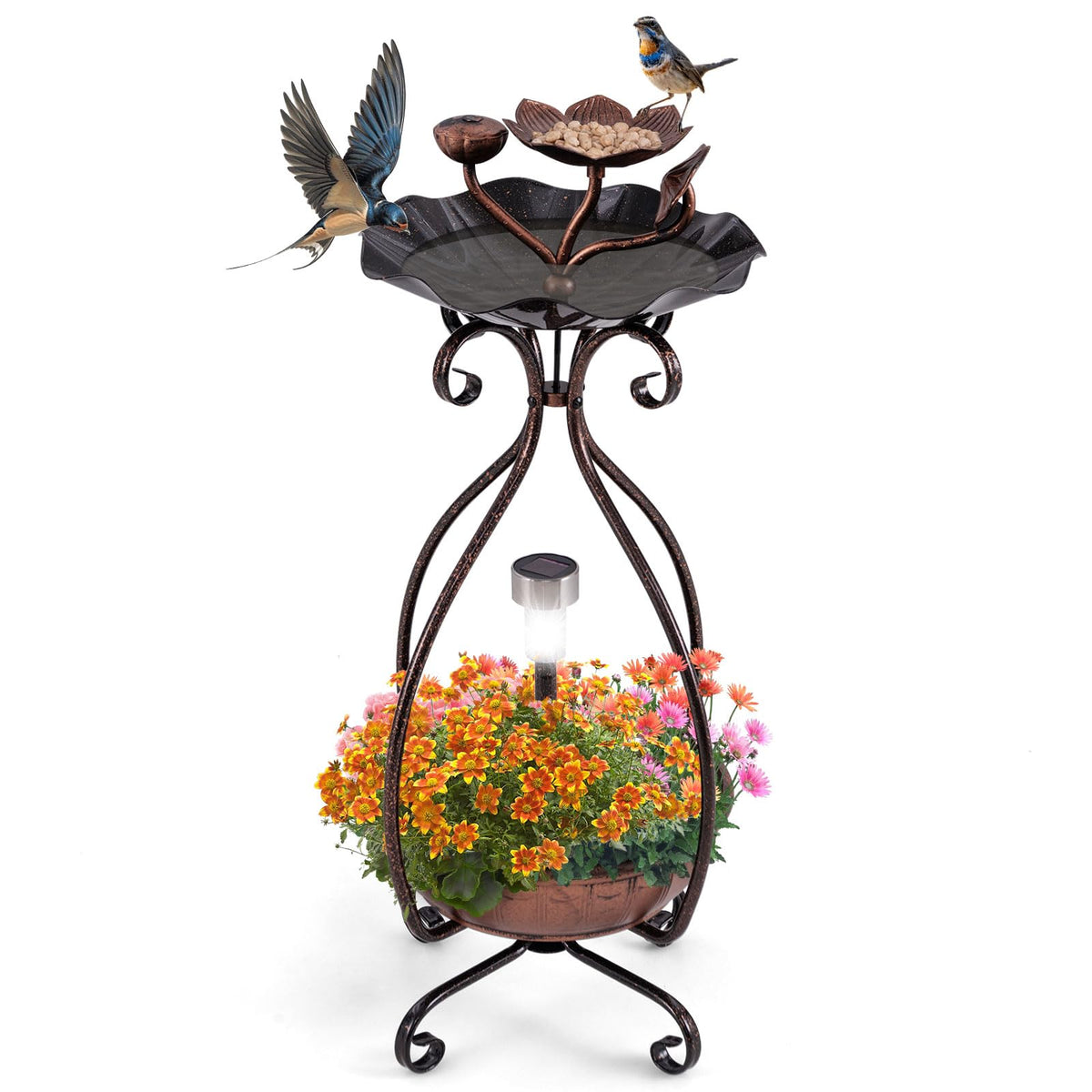 Solar Lighted Bird Bath with Planter and Bird Feeder Tray 31 Inch