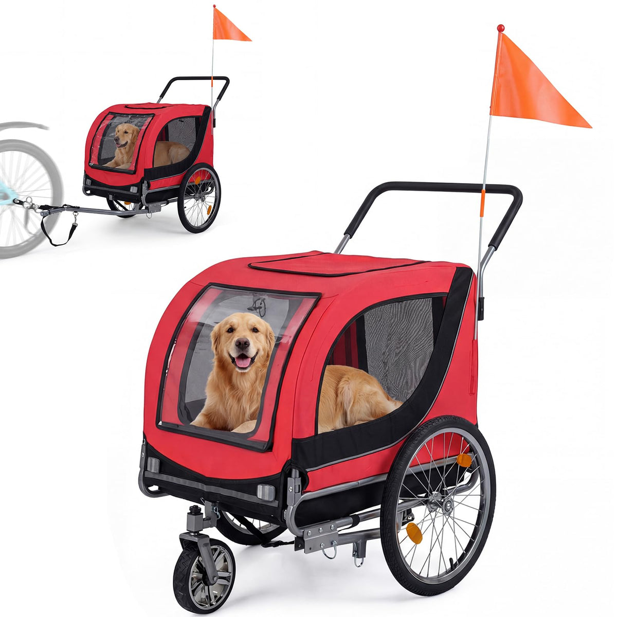 2-in-1 Dog Bike Trailer and Pet Stroller with PVC Rain Cover 176 lb Capacity
