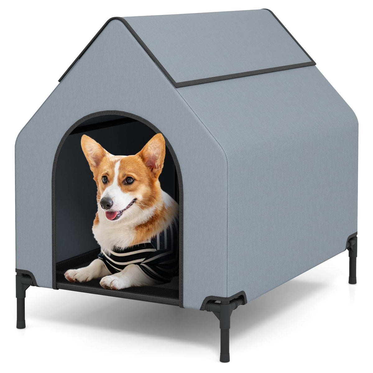 Outdoor Dog House with Weatherproof Canopy and Elevated Pet Bed