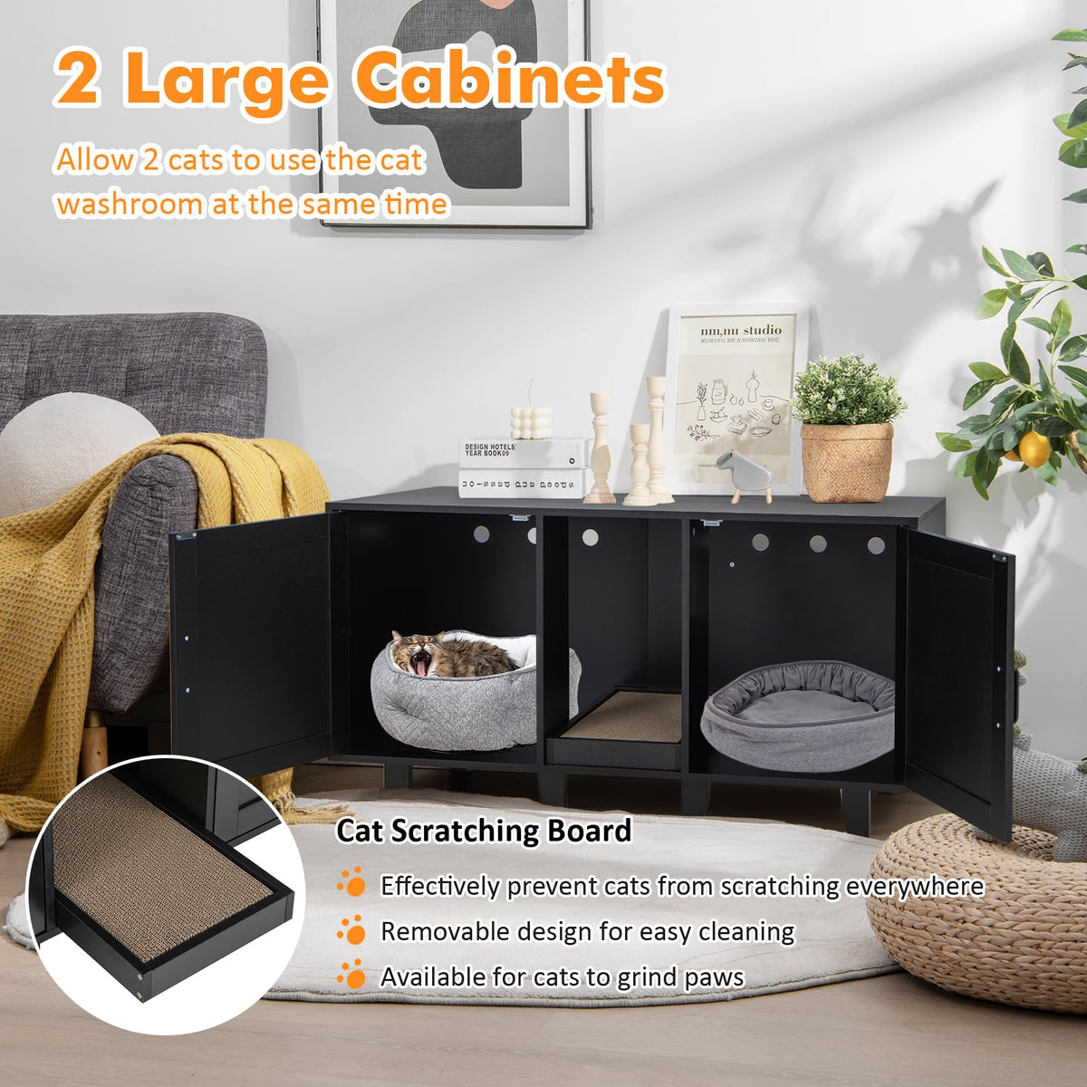 Cat Litter Box Enclosure with 2 Storage Cabinets and Scratching Board