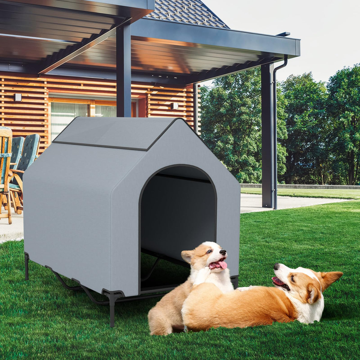 Outdoor Dog House with Weatherproof Canopy and Elevated Pet Bed