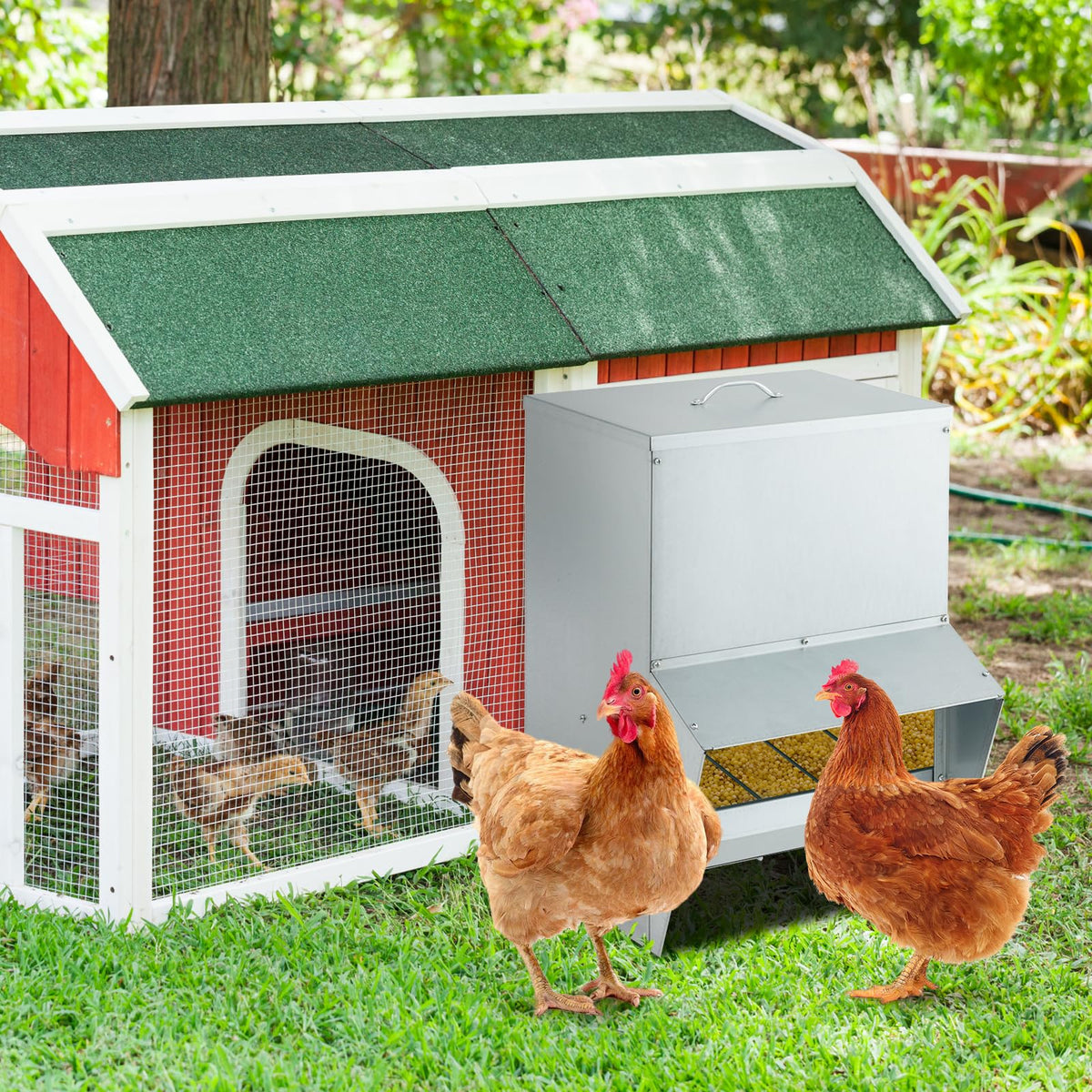 Galvanized Steel Chicken Feeder 30 lb Capacity with Lid and Rain Awning