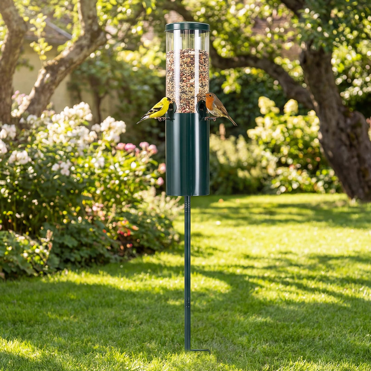 Squirrel-Proof Pole Mount Bird Feeder 10 lb Capacity with Baffle and 4 Perches