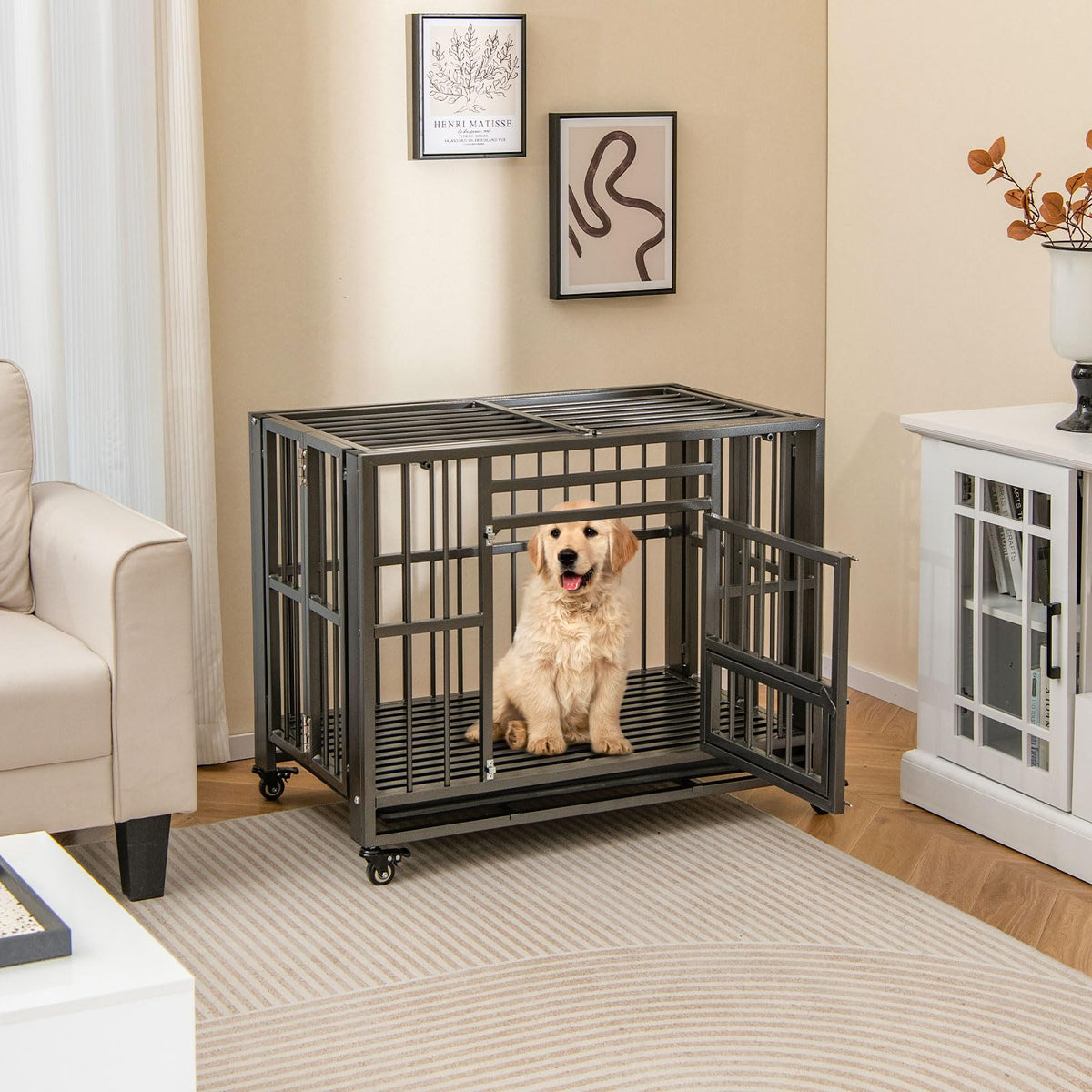 Heavy Duty Foldable Metal Dog Crate 37 Inch with 3 Doors and Pull-Out Tray