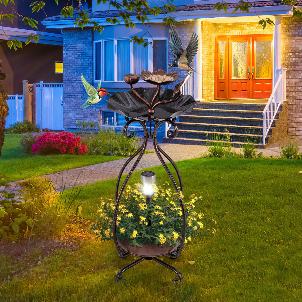 Solar Lighted Bird Bath with Planter and Bird Feeder Tray 31 Inch
