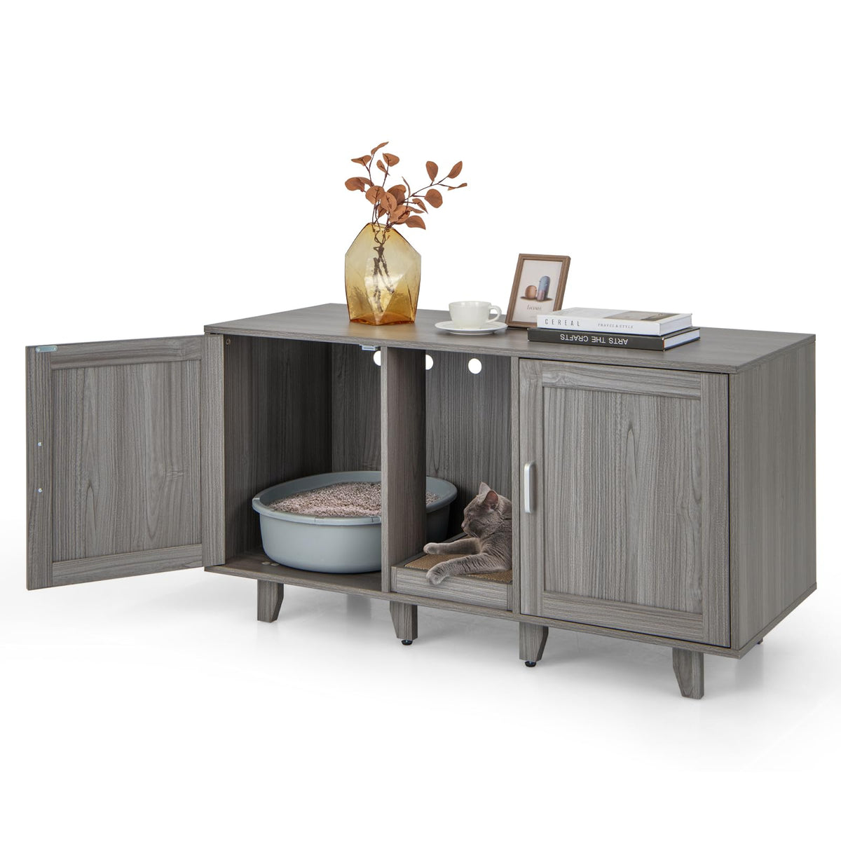 Cat Litter Box Enclosure with 2 Storage Cabinets and Scratching Board
