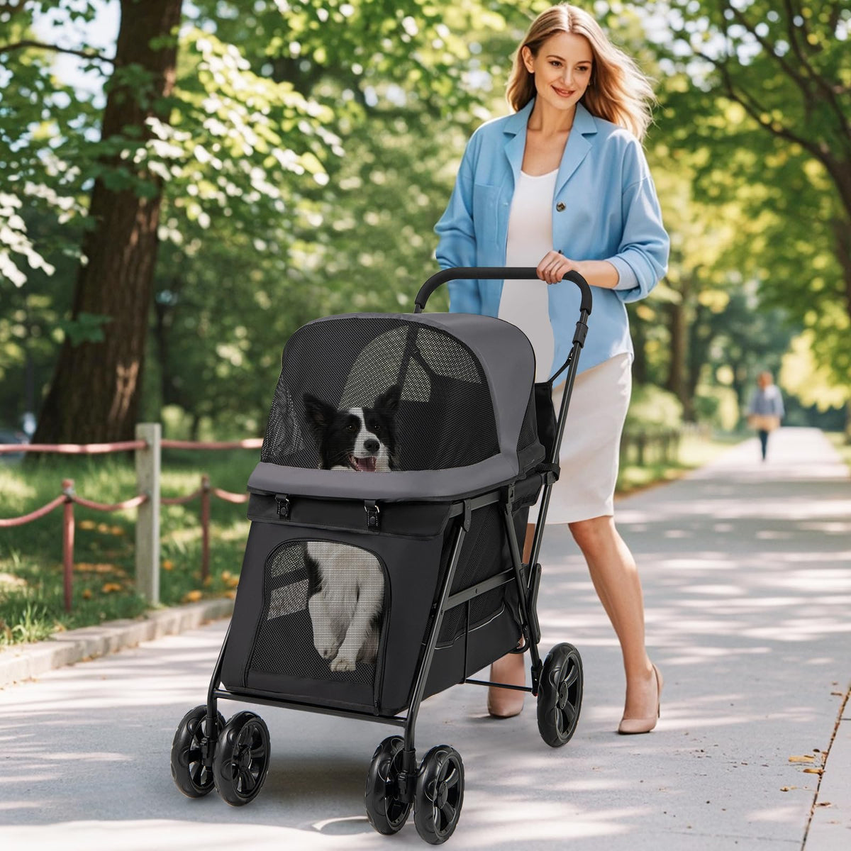 Low-Entry Dog Stroller with Ramp Access and Lockable All-Terrain Wheels