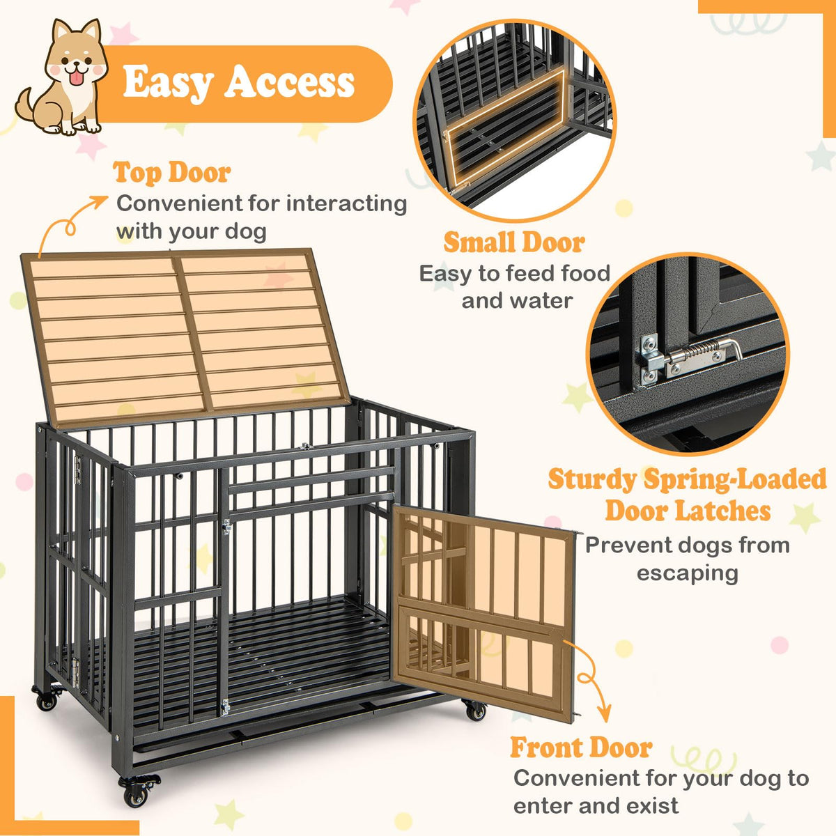 Heavy Duty Foldable Metal Dog Crate 37 Inch with 3 Doors and Pull-Out Tray