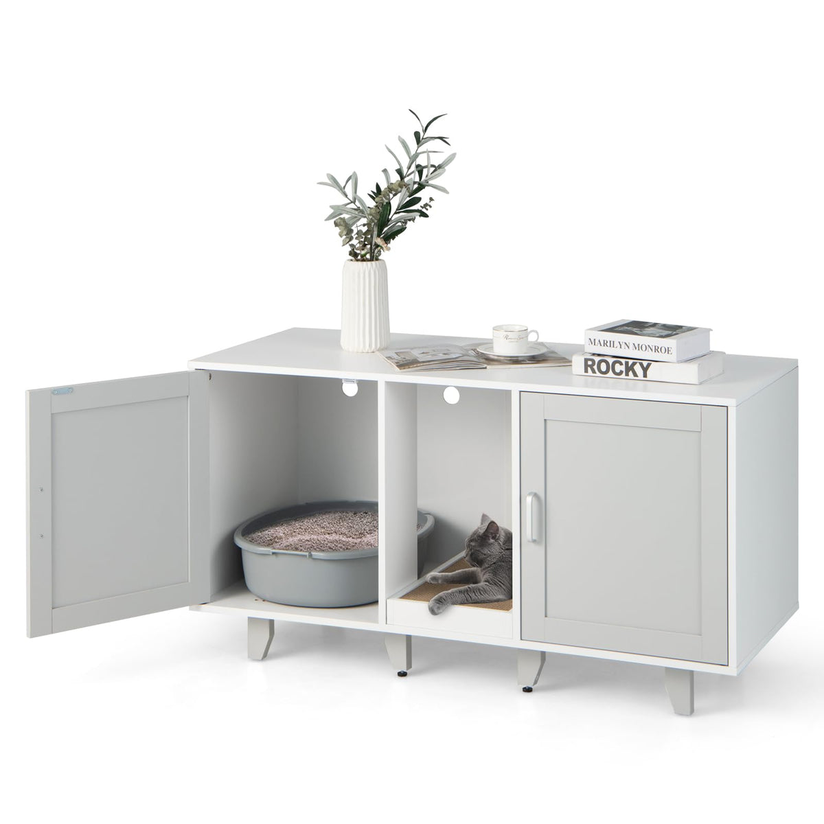Cat Litter Box Enclosure with 2 Storage Cabinets and Scratching Board