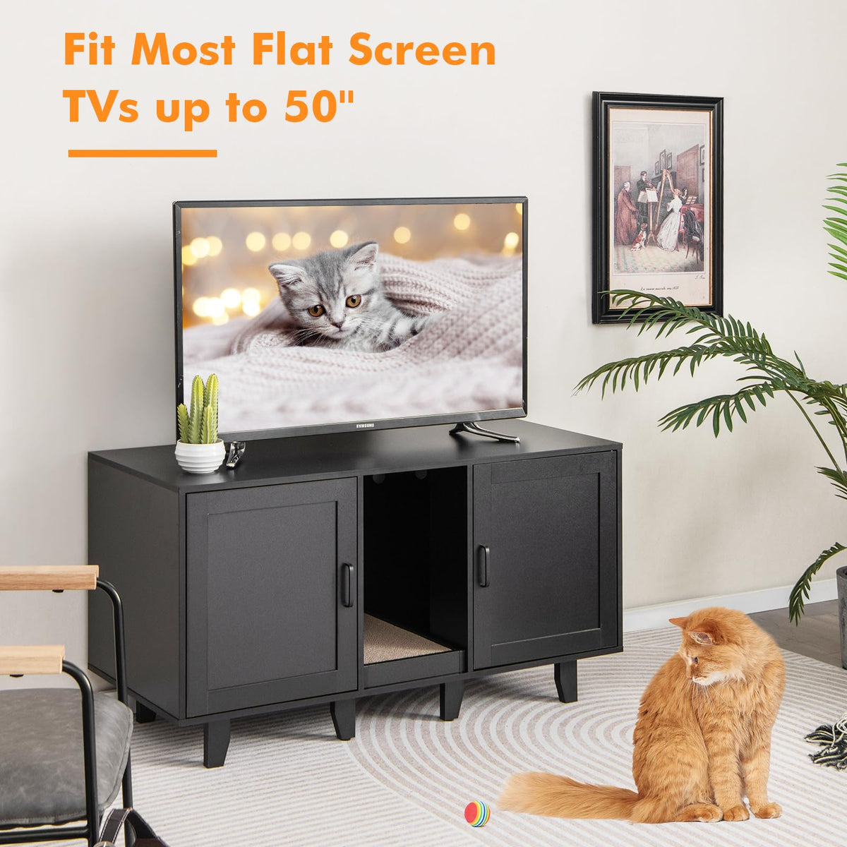 Cat Litter Box Enclosure with 2 Storage Cabinets and Scratching Board