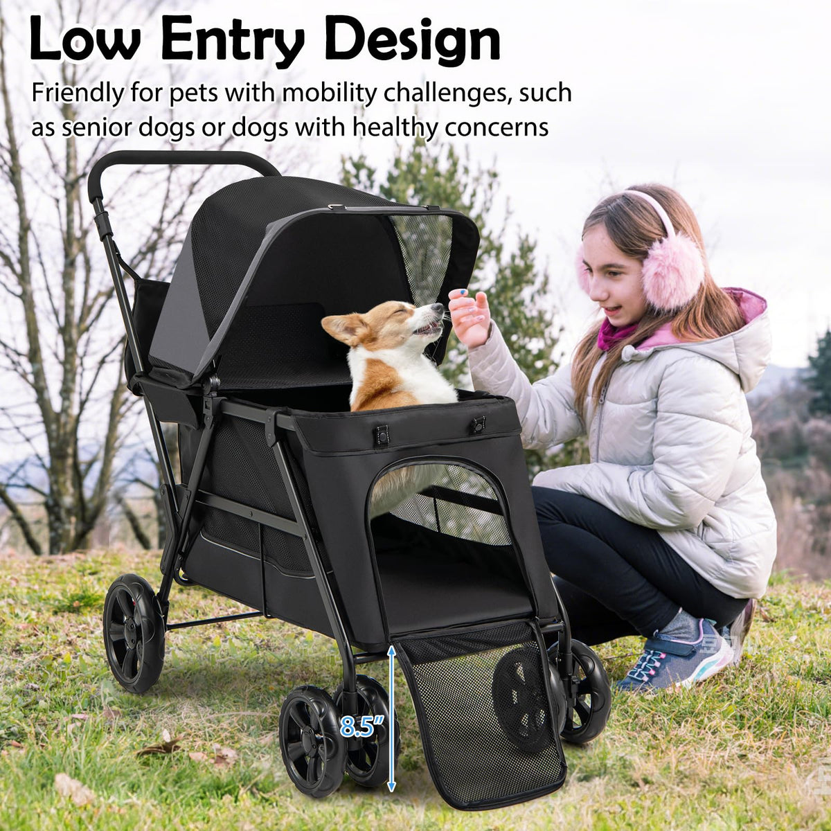Low-Entry Dog Stroller with Ramp Access and Lockable All-Terrain Wheels