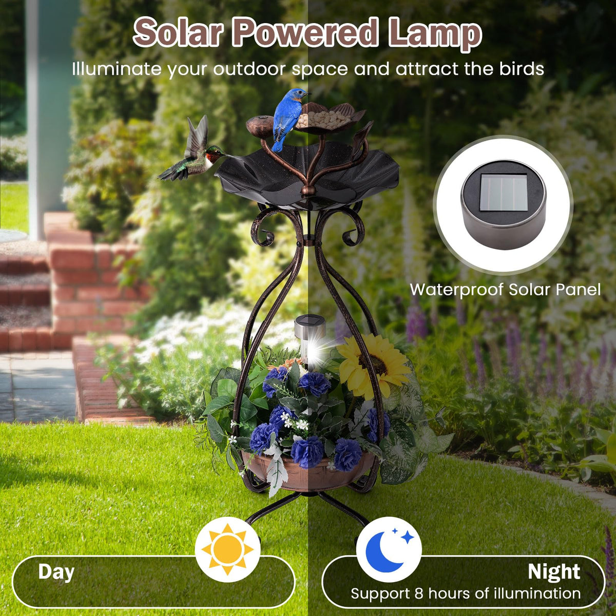 Solar Lighted Bird Bath with Planter and Bird Feeder Tray 31 Inch