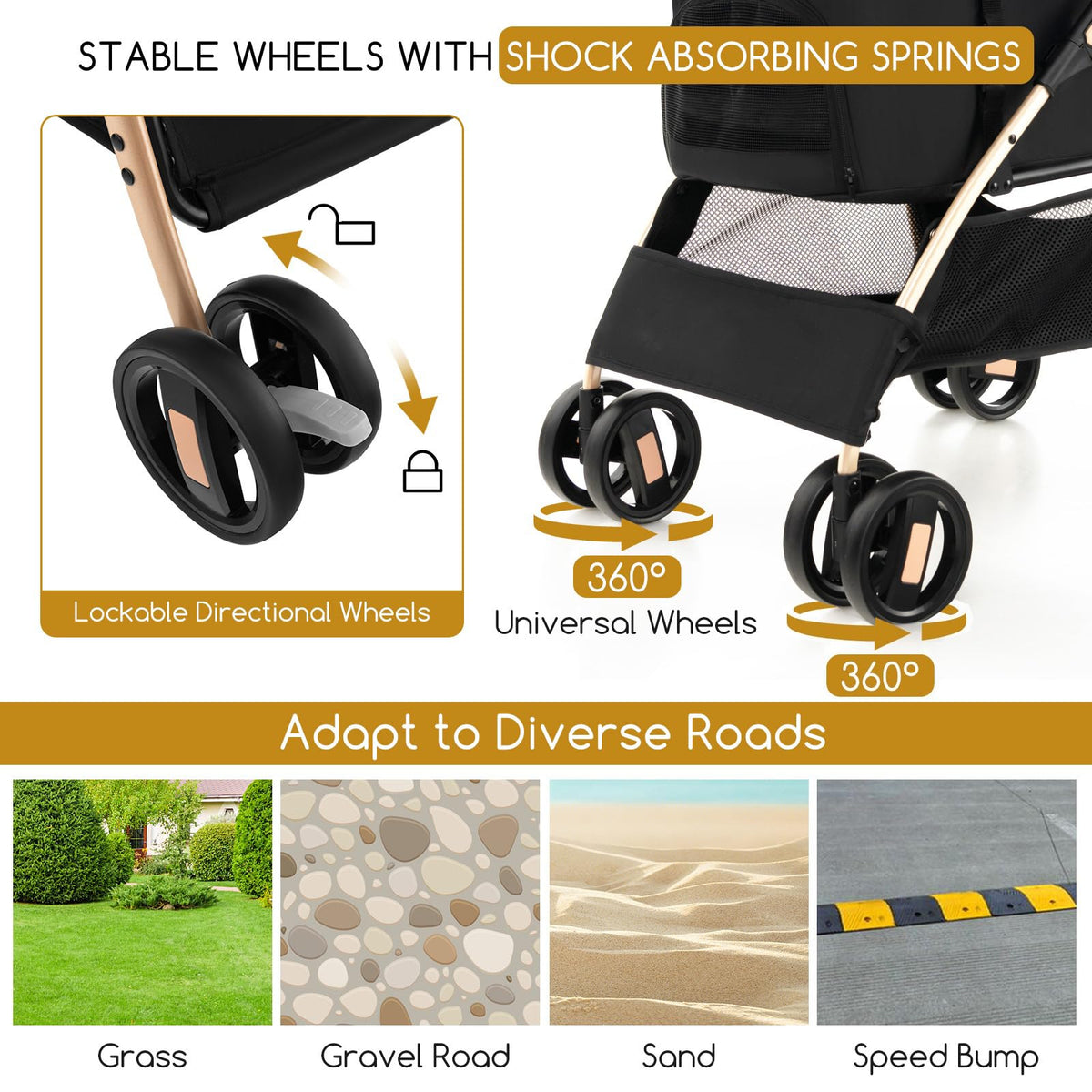 3-in-1 Folding Pet Stroller with Detachable Carrier and Car Seat, Black and Gold