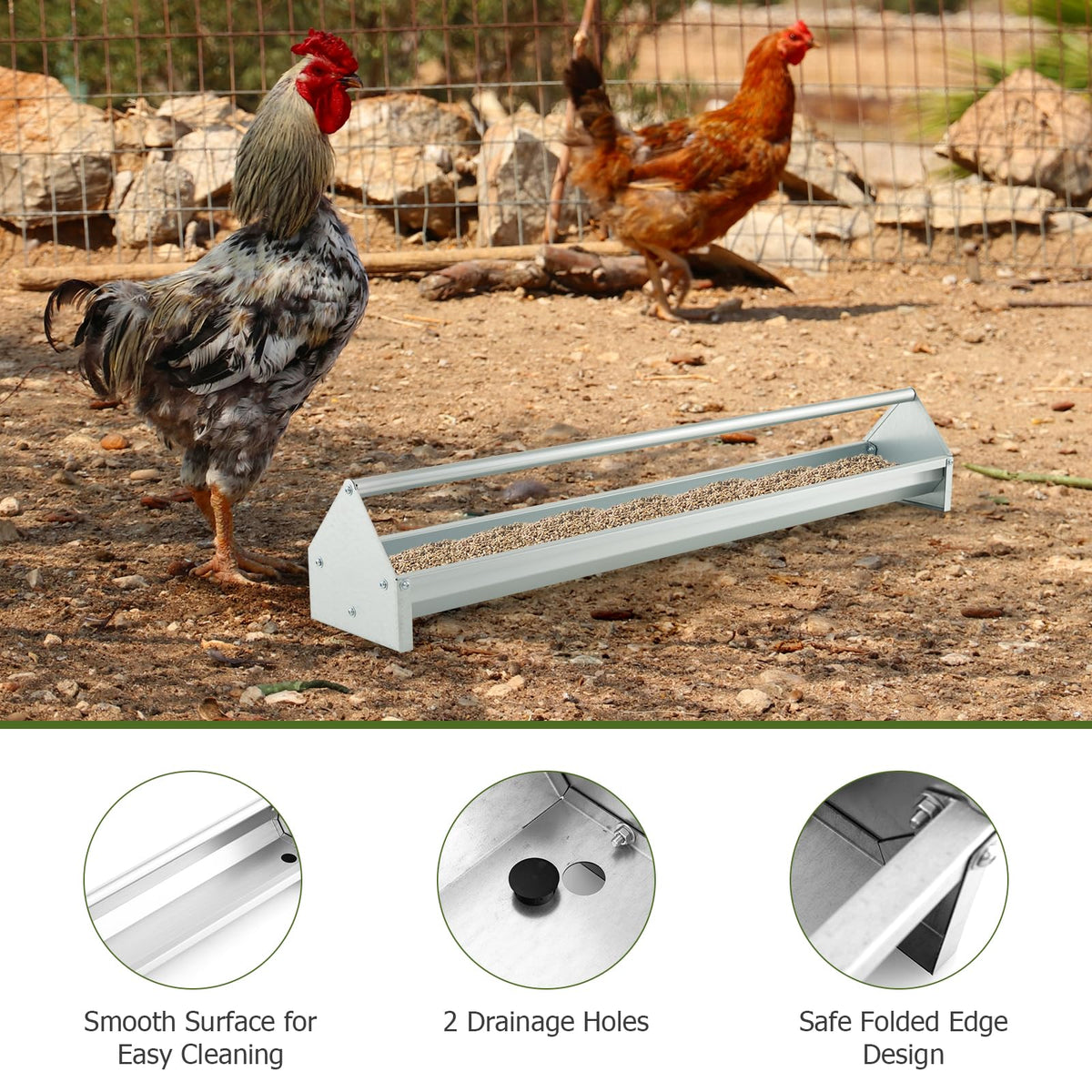Galvanized Steel Chicken Feeding Trough 45 Inch with Rotating Crossbar