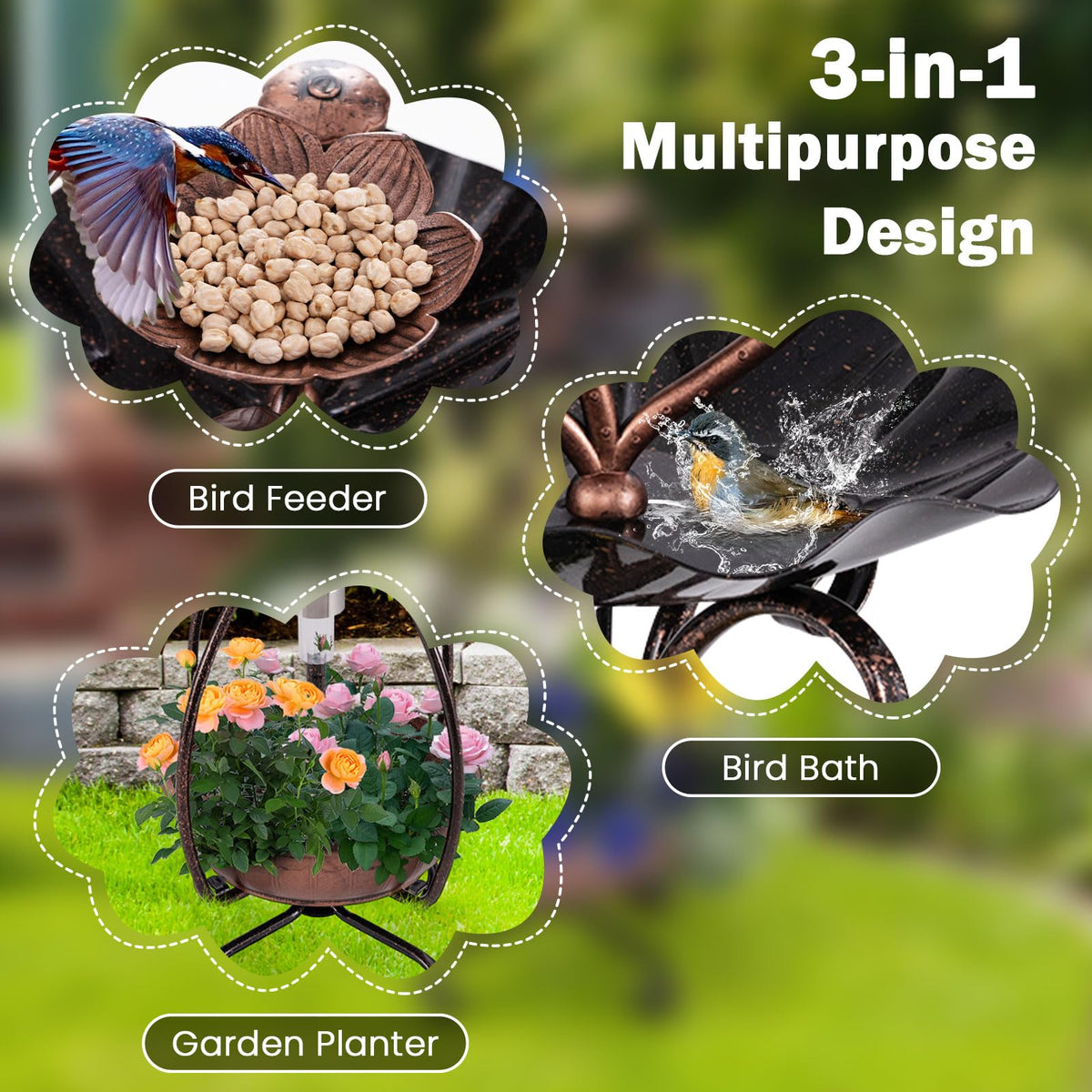 Solar Lighted Bird Bath with Planter and Bird Feeder Tray 31 Inch