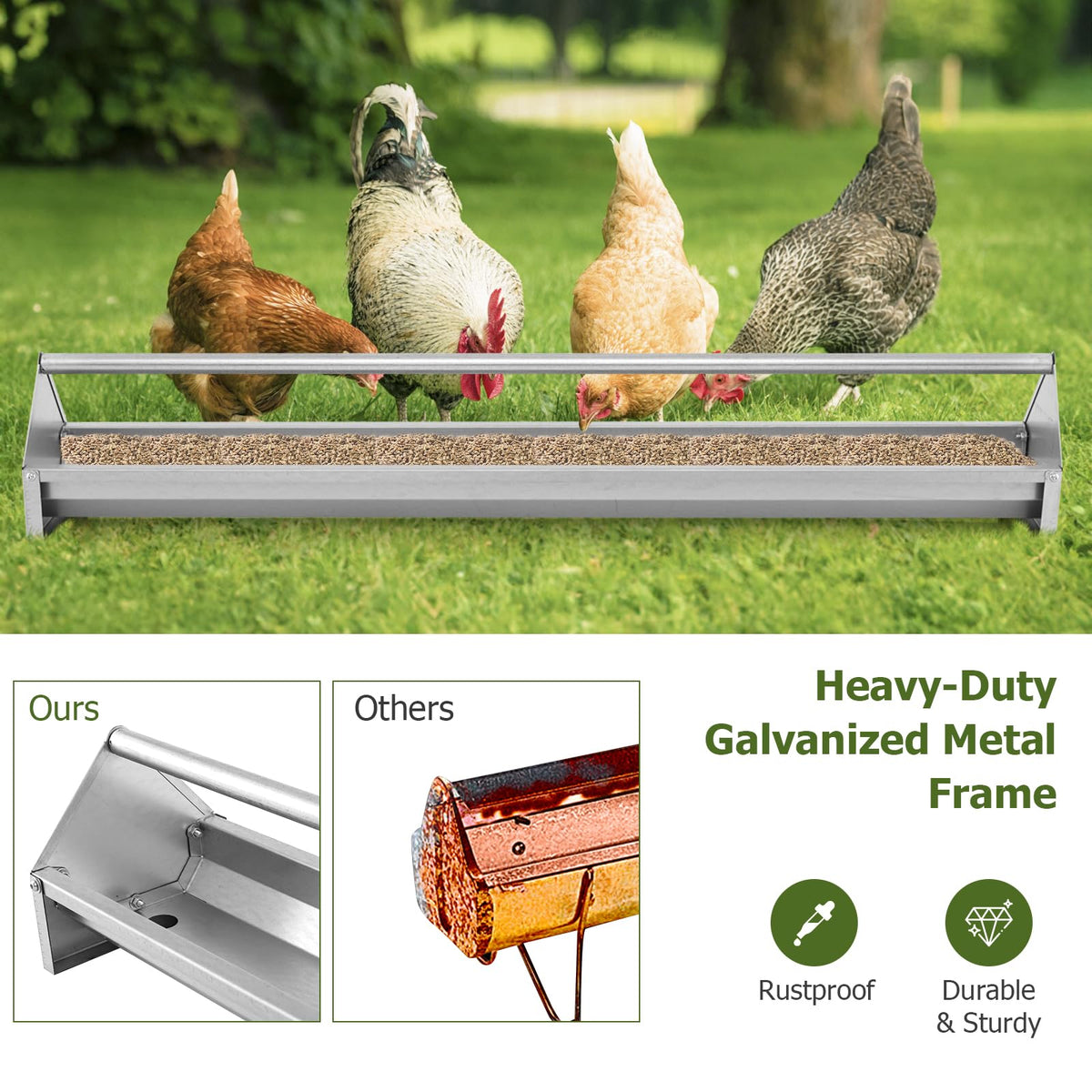 Galvanized Steel Chicken Feeding Trough 45 Inch with Rotating Crossbar