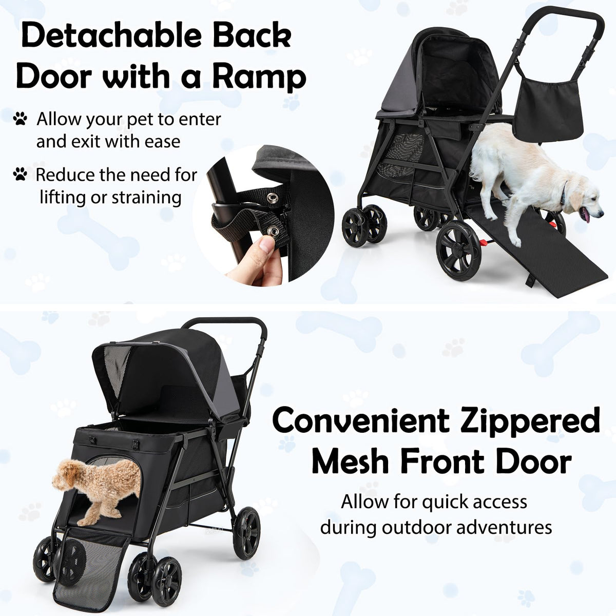 Low-Entry Dog Stroller with Ramp Access and Lockable All-Terrain Wheels
