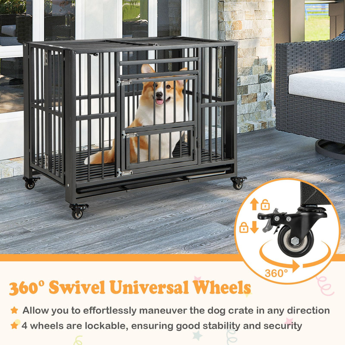 Heavy Duty Foldable Metal Dog Crate 37 Inch with 3 Doors and Pull-Out Tray