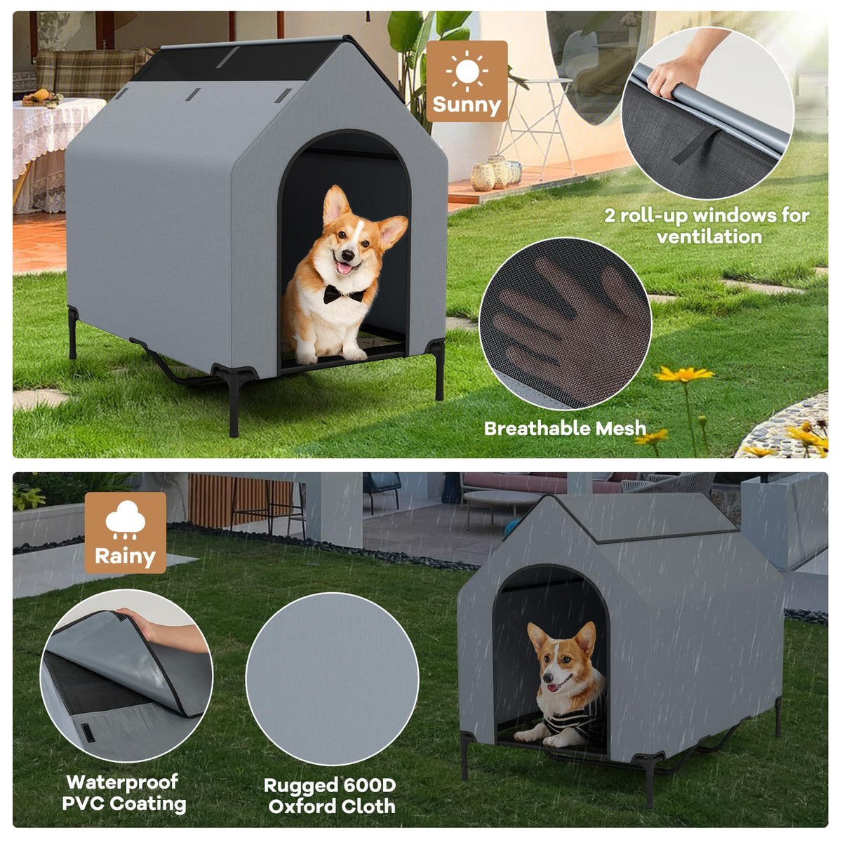 Outdoor Dog House with Weatherproof Canopy and Elevated Pet Bed