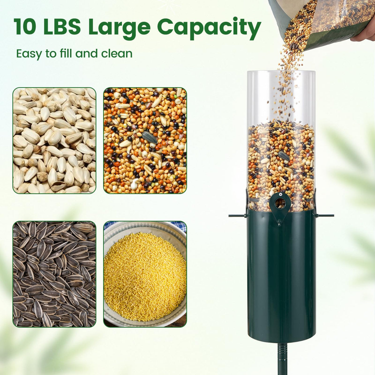 Squirrel-Proof Pole Mount Bird Feeder 10 lb Capacity with Baffle and 4 Perches