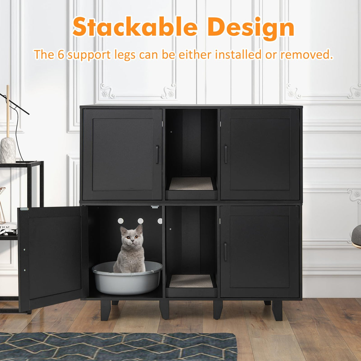 Cat Litter Box Enclosure with 2 Storage Cabinets and Scratching Board