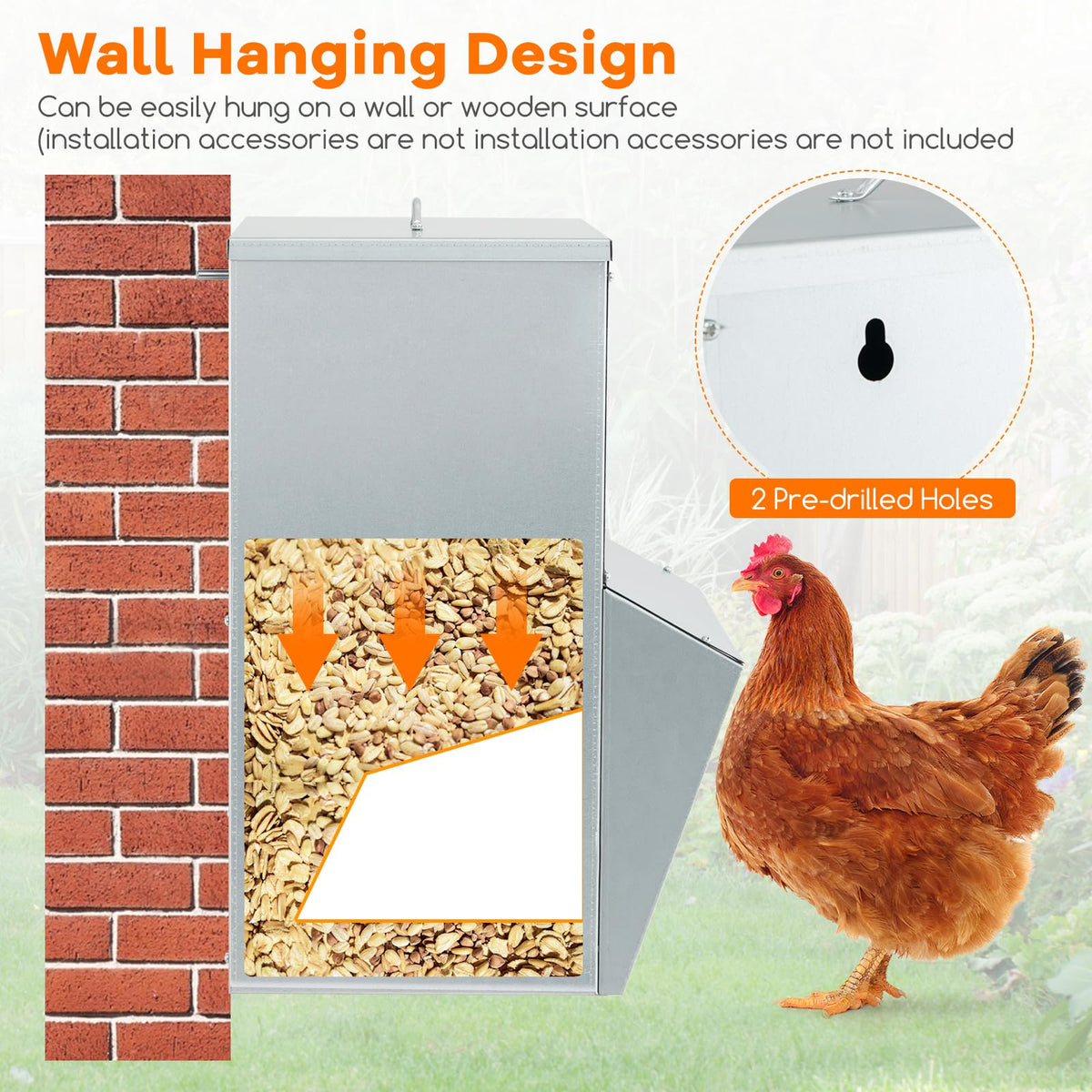 Galvanized Steel Chicken Feeder 30 lb Capacity with Lid and Rain Awning