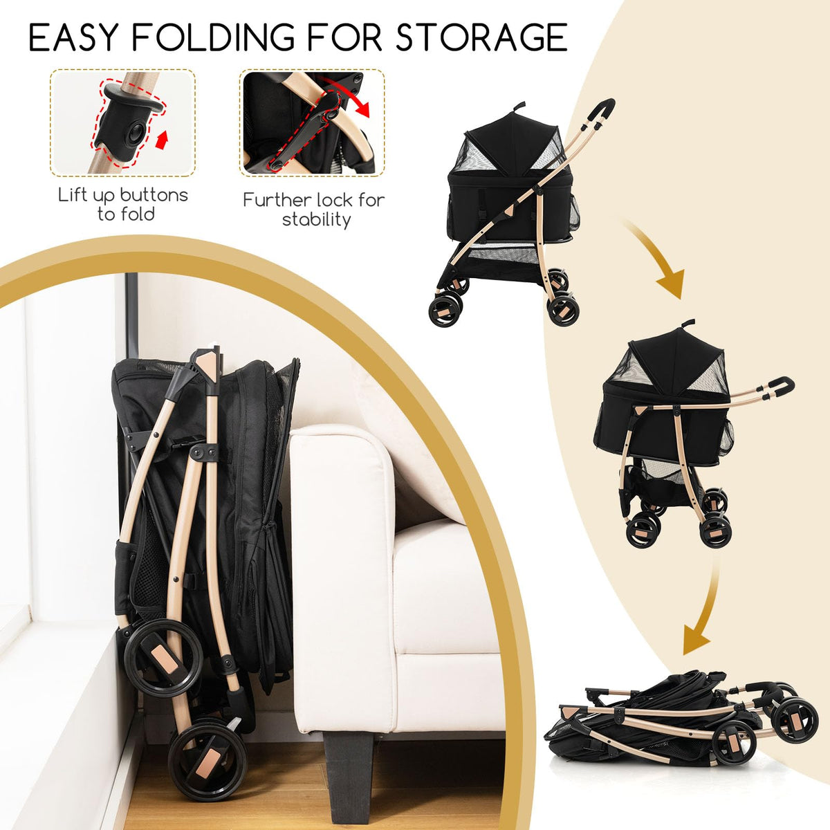 3-in-1 Folding Pet Stroller with Detachable Carrier and Car Seat, Black and Gold