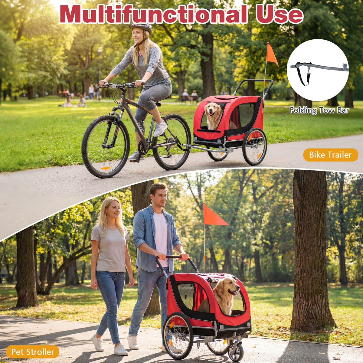 2-in-1 Dog Bike Trailer and Pet Stroller with PVC Rain Cover 176 lb Capacity