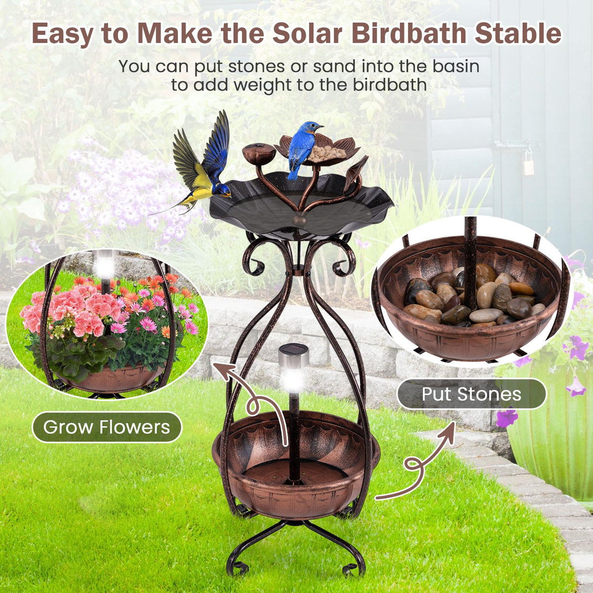 Solar Lighted Bird Bath with Planter and Bird Feeder Tray 31 Inch