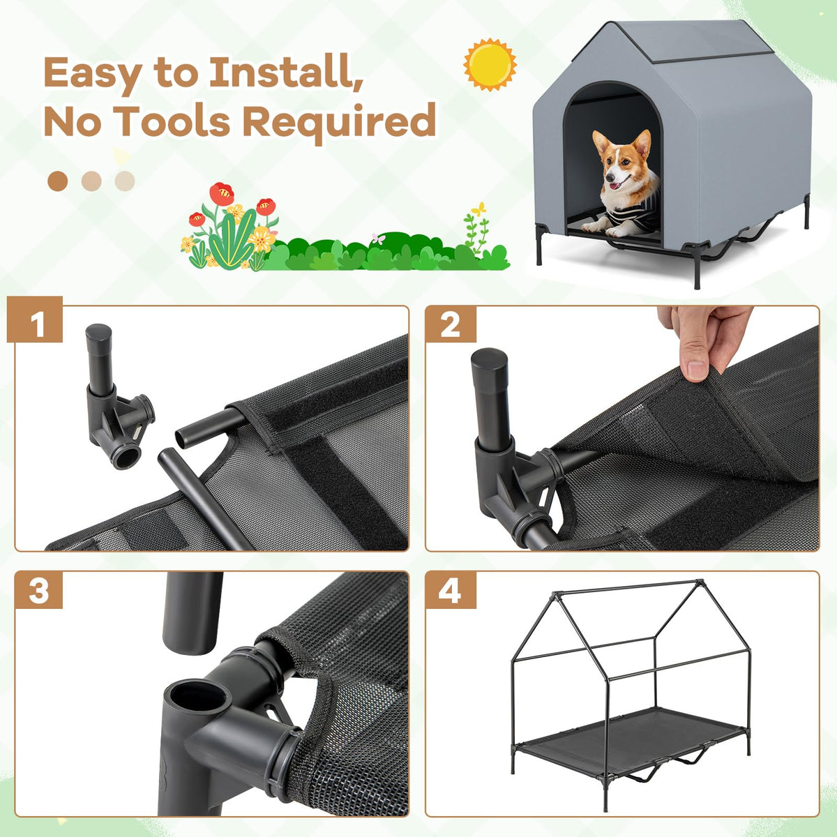 Outdoor Dog House with Weatherproof Canopy and Elevated Pet Bed
