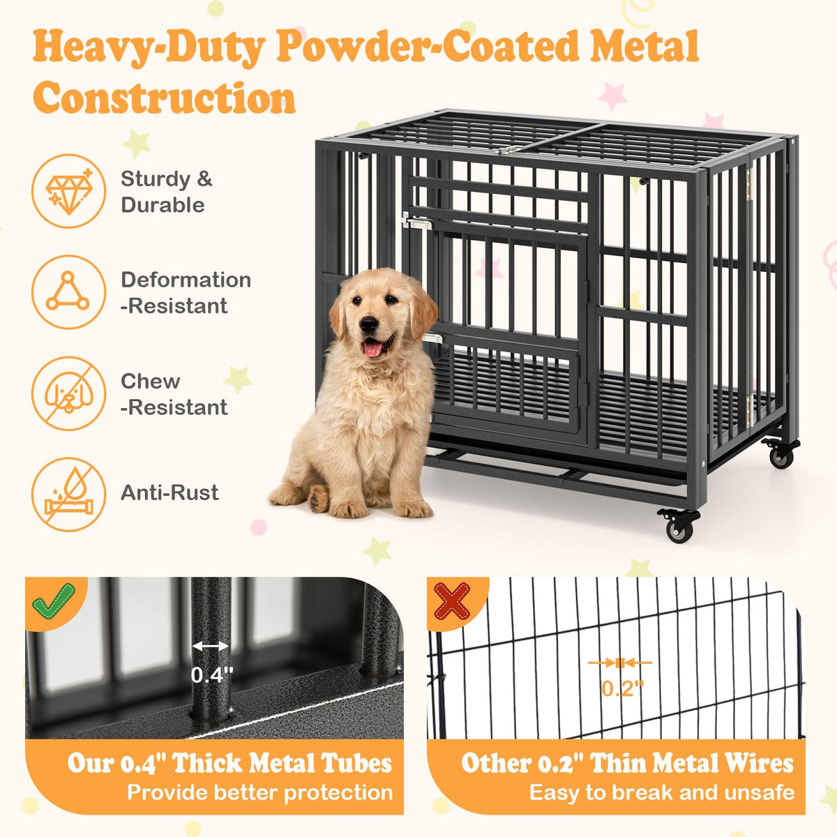 Heavy Duty Foldable Metal Dog Crate 37 Inch with 3 Doors and Pull-Out Tray