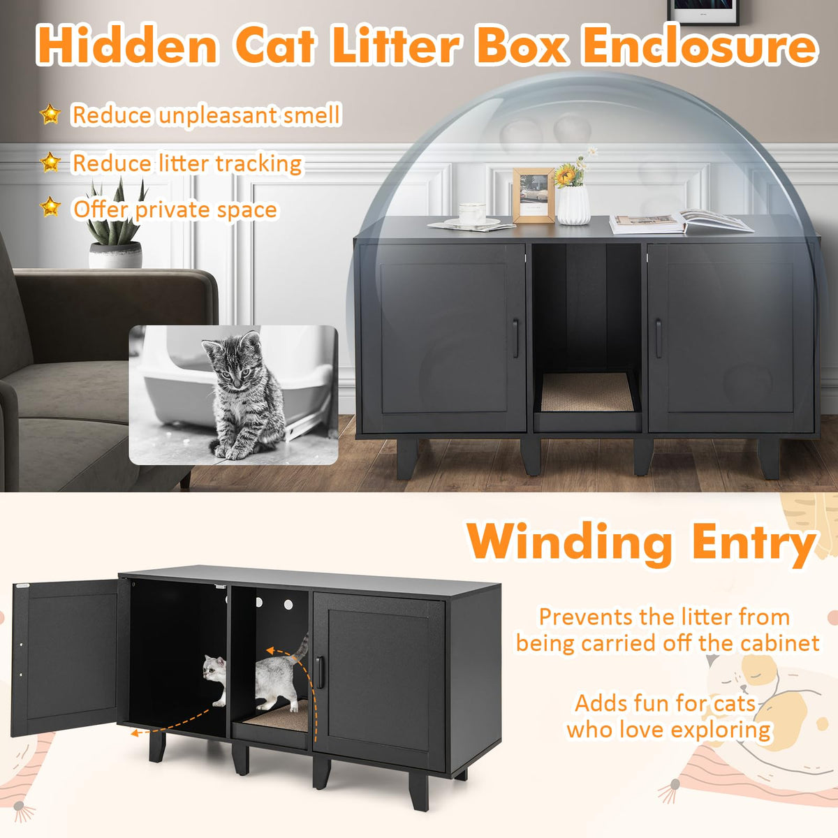 Cat Litter Box Enclosure with 2 Storage Cabinets and Scratching Board